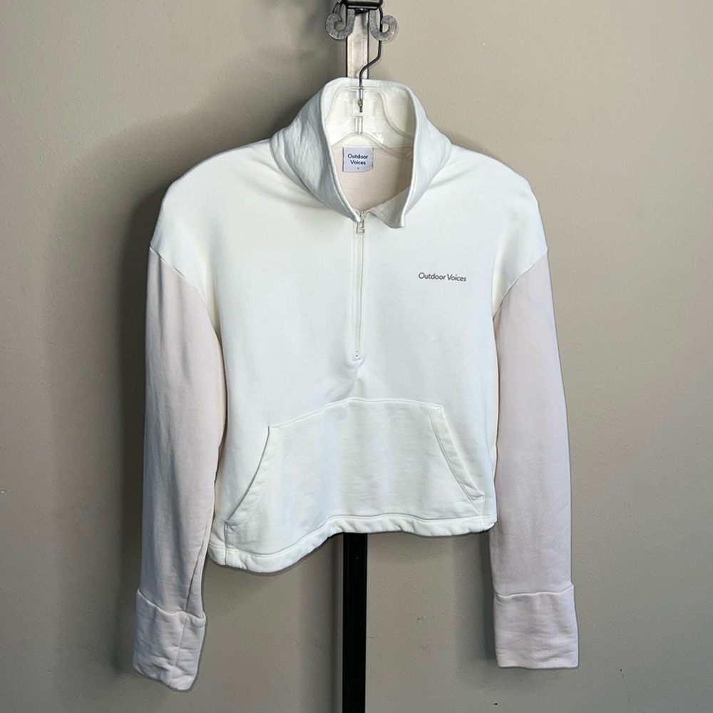 Outdoor Voices Size S Pickup Half Zip Pullover Crop Sweatshirt Ivory Pink